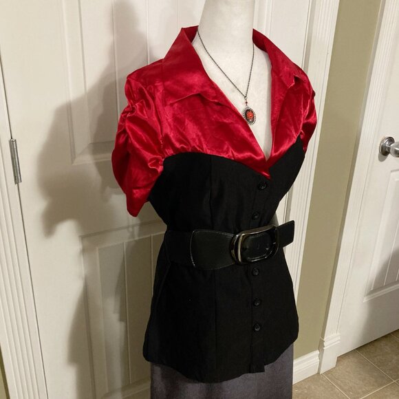 LIBIAN Vintage red satin and black short-sleeve blouse w/ belt ~  LARGE XL shirt - Picture 4 of 13